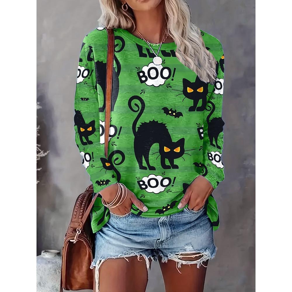 Halloween Women s Casual Cat All-Over Print Fashion Long Sleeve T-Shirt S