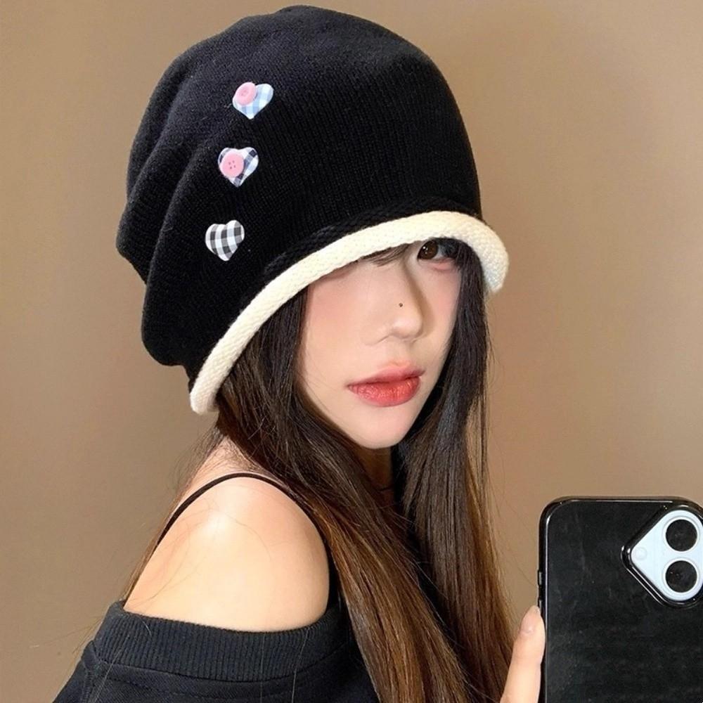 Heart Button Knitted Beanies Cap Vintage Pullover Hats Fashion Y2k Baggy Cap  Streetwear