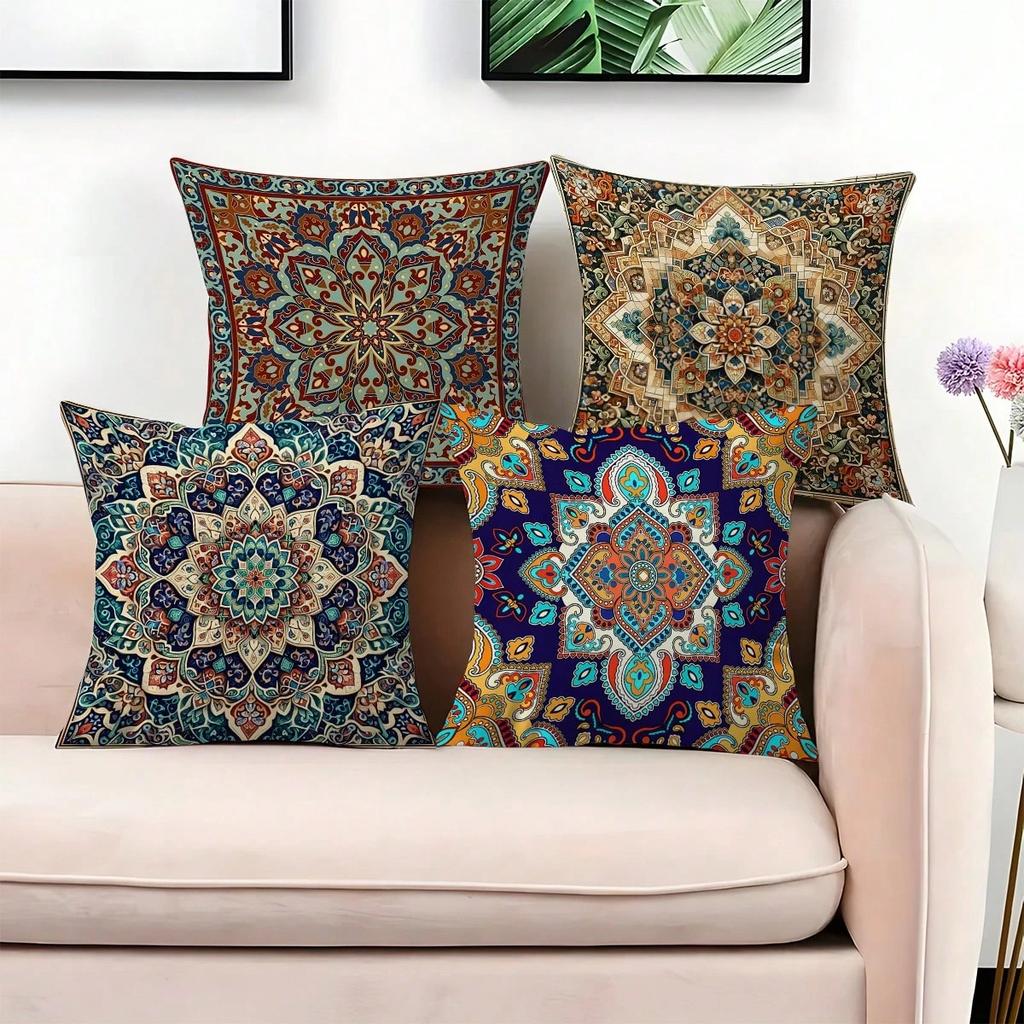 1Pc Bohemian Mandala Plaid Pillow Covers, Zipper Closure, Decorative Cushion Cases For Sofa Bedroom (No Inserts)