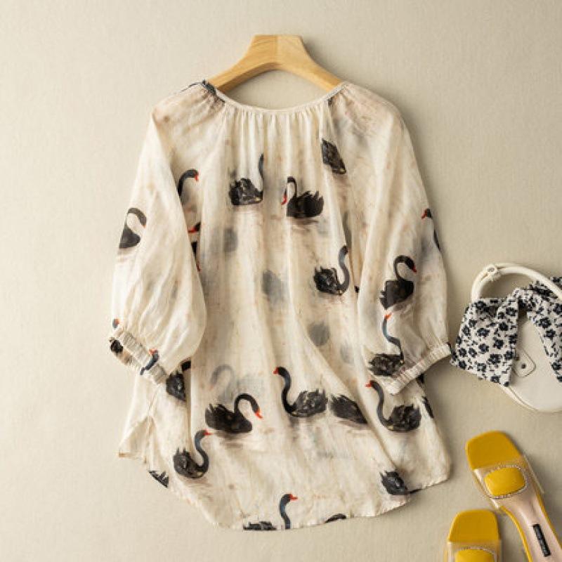 

Летняя литература свободная хлопковая льняная рубашка с принтом V-образным вырезом и рукавами пять четвертей женская рубашка-пуловер 2XL абрикосовый