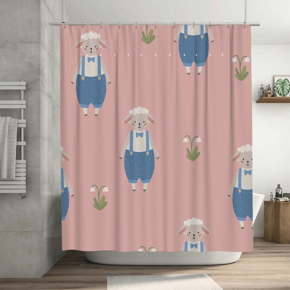 Pink Sheep Cartoon Printed Shower Curtain Waterproof Bathroom Decor Liner for Home Decoration Pink 160x180cm