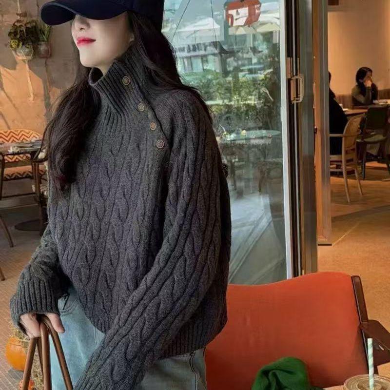

Women s Cozy High Neck Knit Sweater - Thick Twist Pullover for Autumn/Winter 2XL 125-135 темно-серого
