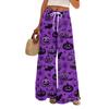 Ladies' Loose And Casual Halloween Printed Wide Leg Pants With Elastic Waistband Drawstring And Pocket Pants