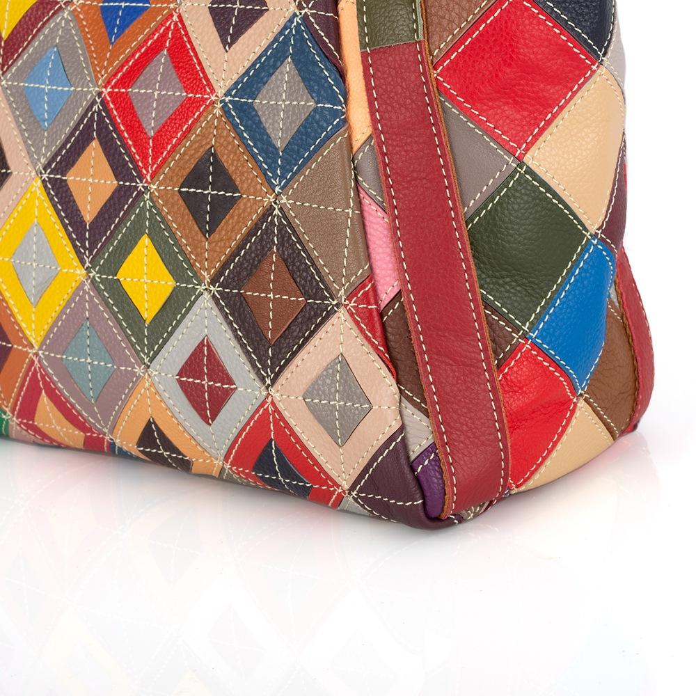 Leather Cowhide Bag Ethnic Style Color Splicing Contrasting Color Handmade Plaid Shoulder Messenger Bag Casual Women Bag