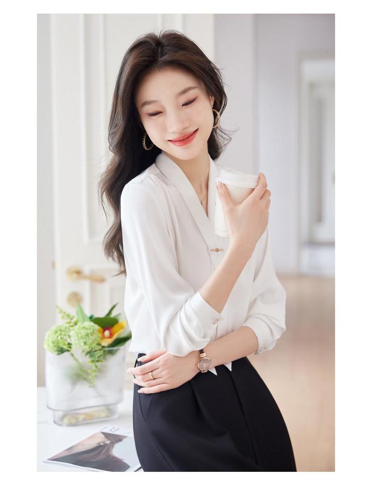 2024 Frühling Damen Stehkragen Bindeband Satin Fließende Bluse - Lockere Passform, Professionelles OL-Design