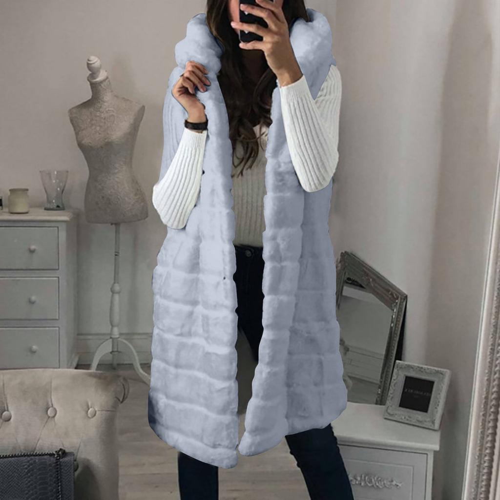 Dámská móda Plyšová vesta bez rukávů Mikina s kapucí z umělé kožešiny Top kabát Outwear