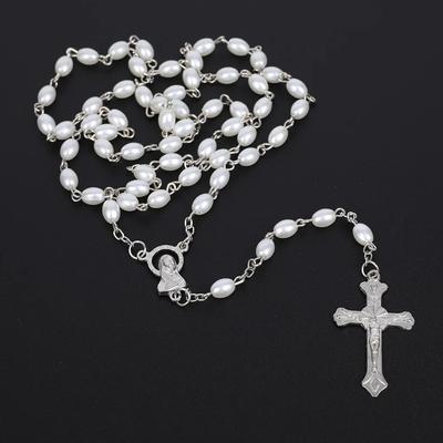 Witte Ovalen Parels Rozenkrans Ketting Voor Vrouwen Katholieke Religieuze Kruisbeeld Kruis Hanger Goud Zilver Kleur Ketting Mannen Gebed Sieraden
