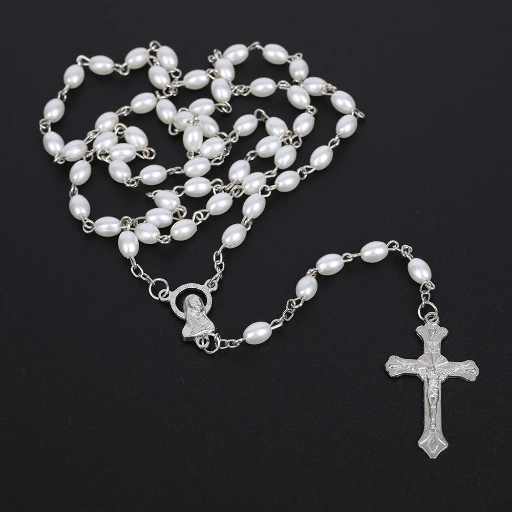 White Oval Pearl Rosary Necklace For Women Catholic Religious Crucifix Cross Pendant Gold Silver Color Chain Men Prayer Jewelry