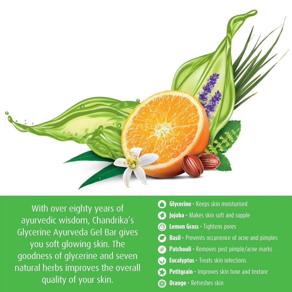 Chandrika Glycerine Ayurveda Gel Bar Soap With Jojoba Oil For Moisturized Skin | Gentle Herbal Bath Bar For All Skin Types | (125g X 6N) Pack Of 1