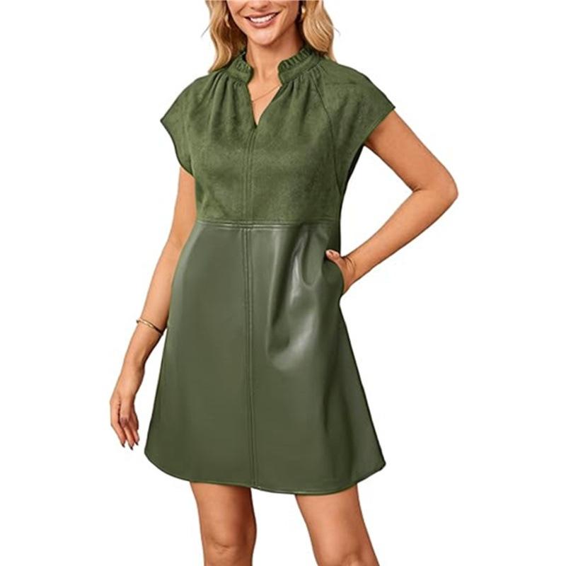 

2026 Suede & PU Leather V-Neck Cap Sleeve Mini Dress with Contrast Colors & Pocket XXL армія зелений колір