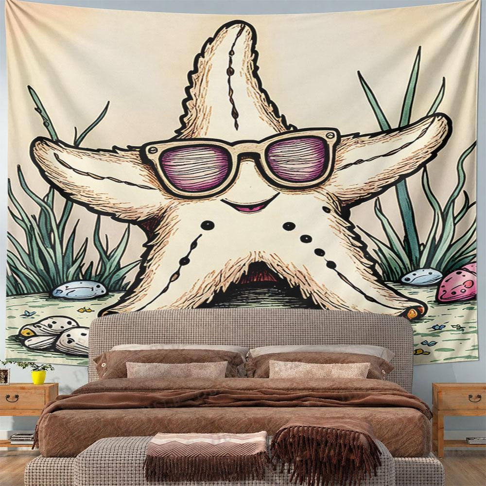 Starfish Wearing Sunglasses Illustration Pattern Wall Hanging Tapestry Decorative Tapestry Home Decor for Bedroom and Living Room