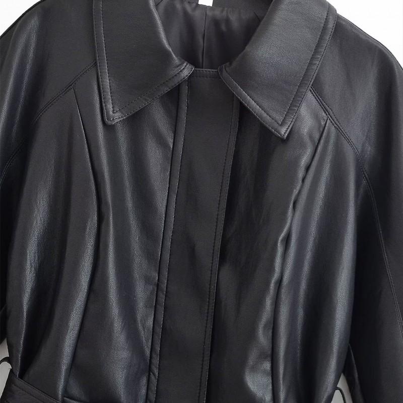 Womens Faux Leather Jacket Belted Waist Tailored Street Style Elegant Outerwear