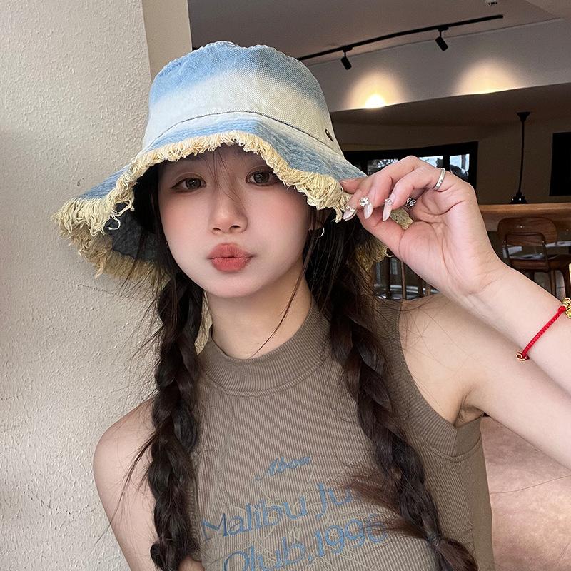 New Japanese-style Gradient Frayed Edge Washed Denim Fisherman Hat, Summer Sun Protection Hat for Women, Bucket Hat