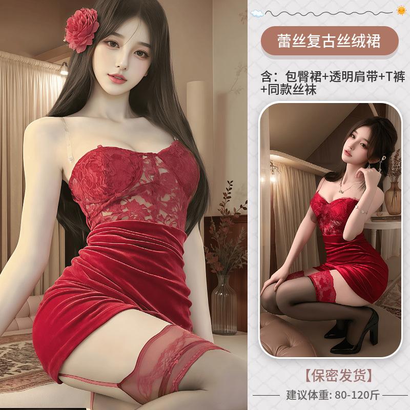 French Golden Velvet Sexy Splicing Lace Waist Tube Top Skirt Pure Desire Lingerie Dress