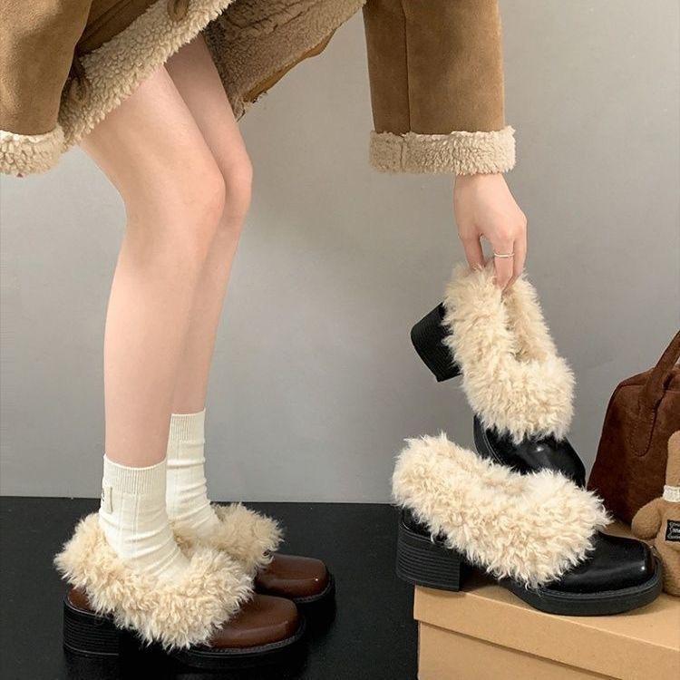 Muller Shoes Fluffy Thick Heel Lady Square Head Warm Single Shoes Loafers with Plush Heel