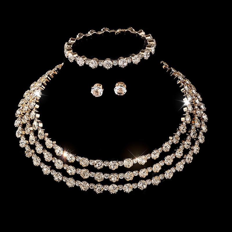 3Pcs Women'S Jewelry Set With  Multi-Layer Collars Necklace Earrings Bracelets Wedding Party Accessories