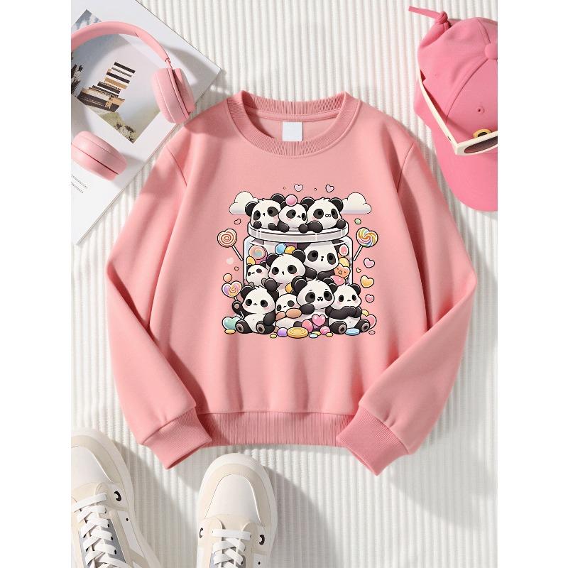 Kids Sweatshirt,Crew Neck Fashion Top, Fun "Cute Panda Candy Jar" Patterned Sweatshirt, for Everyday Casual Wear, for All Kinds of Daily Outfits