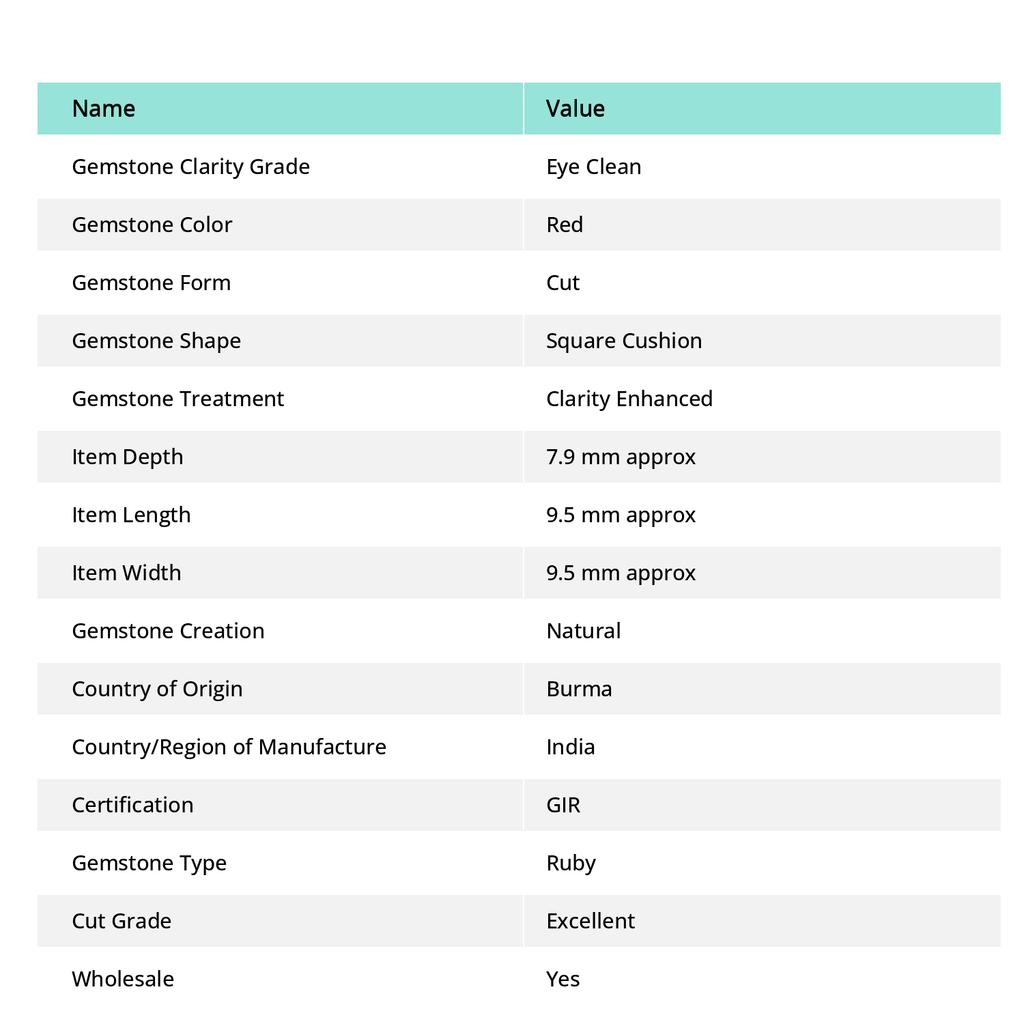 Red Ruby Square Cushion Shape 7.35 Carat CERTIFIED Natural Loose Gemstone SU-1188