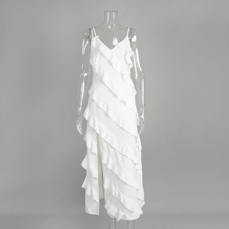

Western Style Fashion Backless Frill Sling Dress Sexy Lotus Leaf Suspender Dres White M