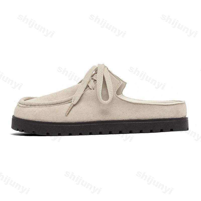 Men's Loafers 2025 Summer Comfortable Suede Casual Shoes Retro Platform Lace-up Flat Half Slippers Mules Zapatos Para Hombre