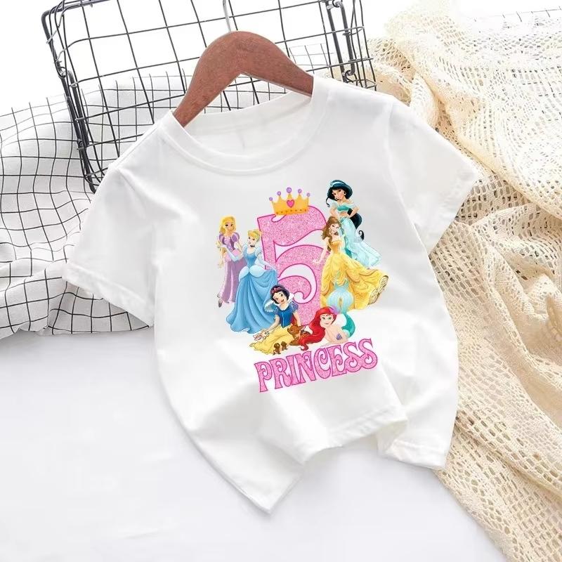 Sommer Prinzessin Kinder T-Shirts Geburtstag Zahl Benutzerdefinierter Name T-Shirts Kinder Cartoons Lässige Oberteile Mädchen Kleidung Schneewittchen