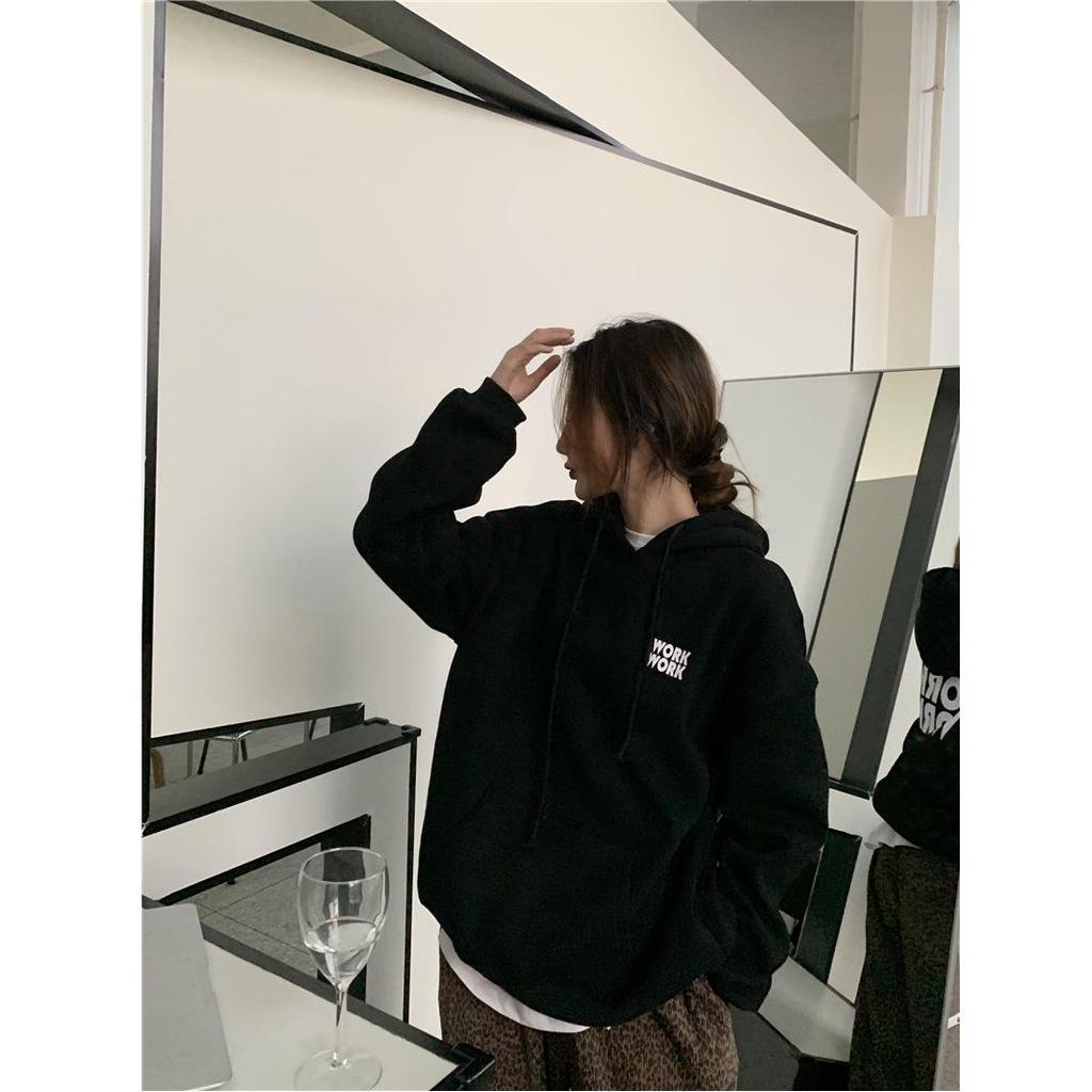 68223 Korean Fleece-Lined Letter Hoodie - Loose Fit Long Sleeve Pullover Jacket, 250g