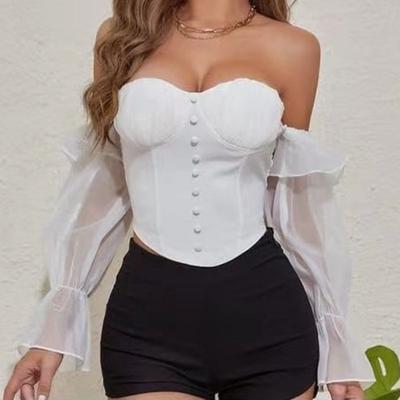 Blusa Camisa Feminina Temperamento Commuter Manga Bolha Cinturada Cor Sólida Branca Ombro Único