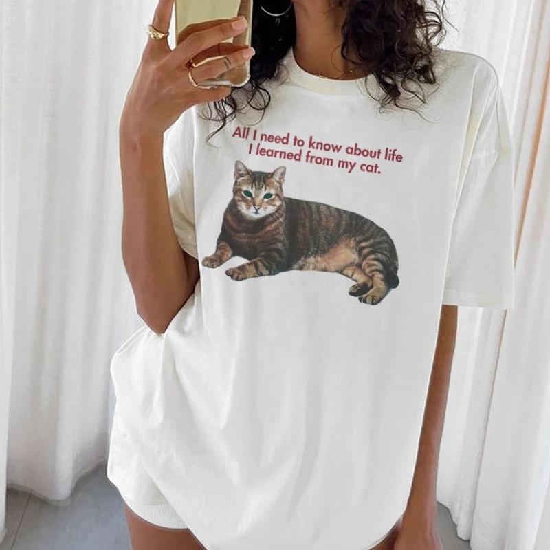 Fun Graphics Cute Cat Mom Cat Lover Loose Vintage Aesthetic Summer Unisex Unisex Universal Crewneck Shortsleeved Tshirt