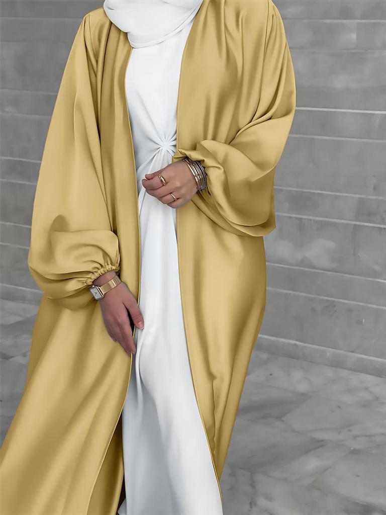 Elegant 2026 Satin Puff Sleeve Cardigan Dress for Women - Middle Eastern Fashion