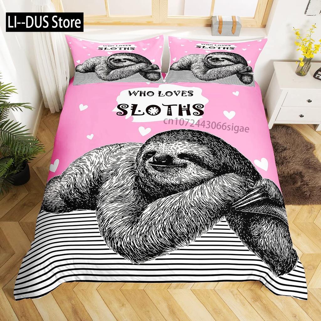 Cartoon Sloth Duvet Cover Bedding Set for Kid Girls Cute Animal Comforter Cover 1 Duvet Cover with 2 Pillowcases King Full Size