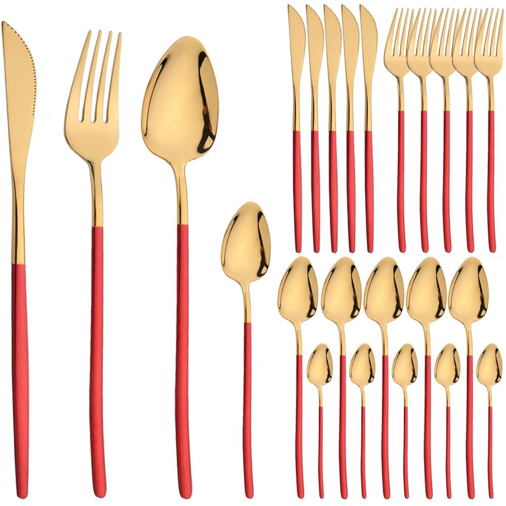 24Pcs Dinnerware Set Stainless Steel Tableware Knifves Forks Spoons Black Gold Cutlery Mirror Flatware Kitchen Dinner Silverware
