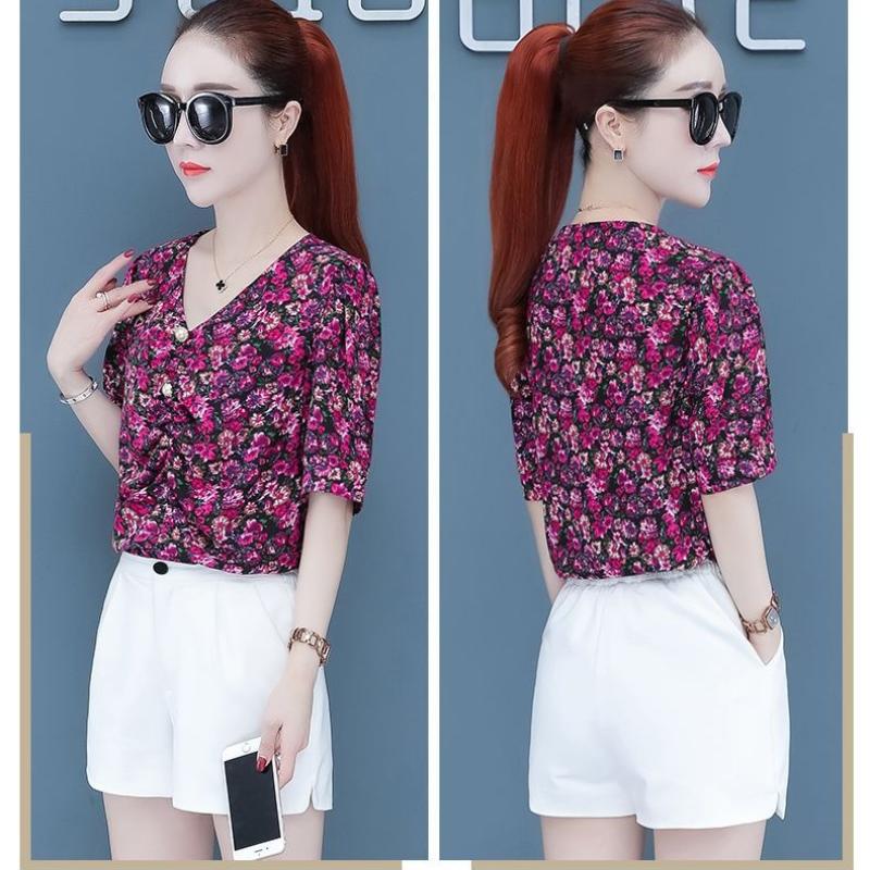 Floral Short Sleeve Chiffon Shirt for Women's Summer New Korean Version Top Loose V Neck Print Bottoming Blouse M-3XL