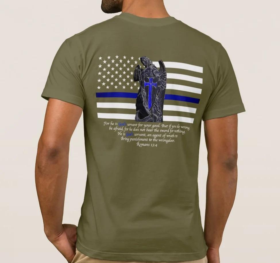 Thin Blue Line USA Flag The Archangel St Michael Pray TShirt 100 Cotton ONeck Short Sleeve Casual Mens Tshirt Size S3XL