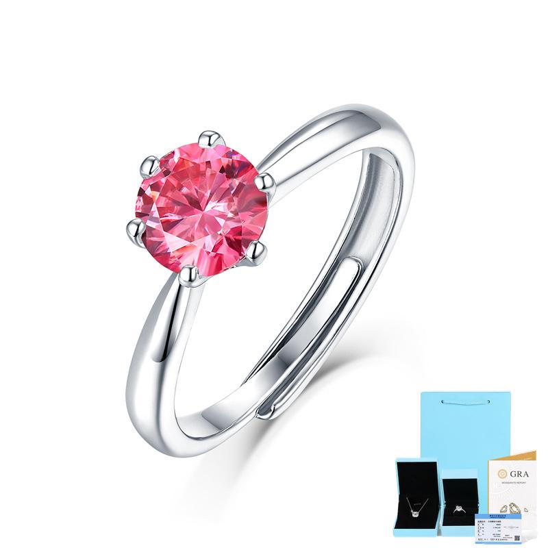 Bague Ringen S925 Silver Set 1ct Moissanite Luxury Round Bag Color Women's Six-prong Pink Adjustable Opening Ring