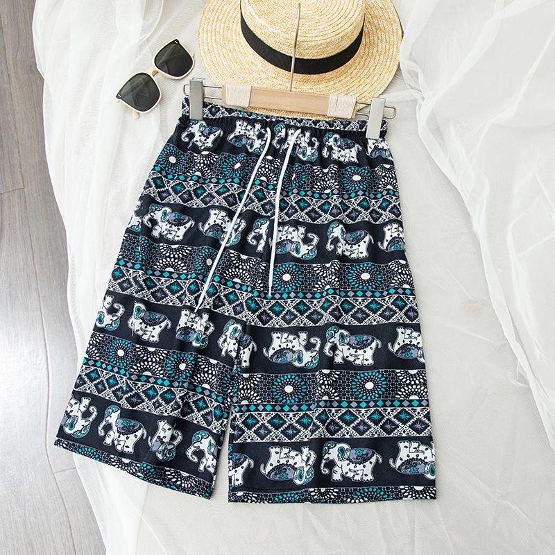 Elephant Pants Shorts Casual Adjustable Elastic High Waistband Strap Rope Women Men Unisex Print Thailand Streetwear Beach Bohemian Retro Vintage