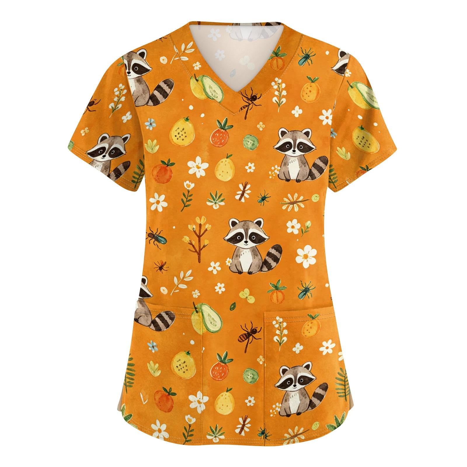 

Women s V Neck Short Sleeve Work Scrub Top with Pockets Animal Print Medical Uniform Shirt for Healthcare Professionals L шафрановый