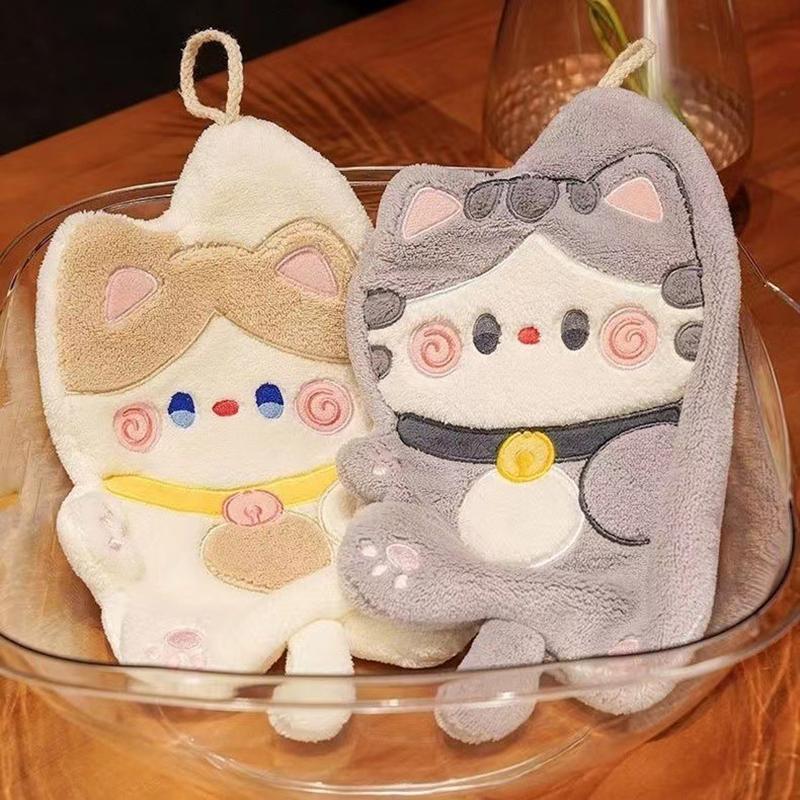 Cute Cat Hand Towels Quick Drying Kitchen Cleaning Rag Coral Velvet Cartoon Animal Absorbent Hanging Bathroom Towel Supplies
