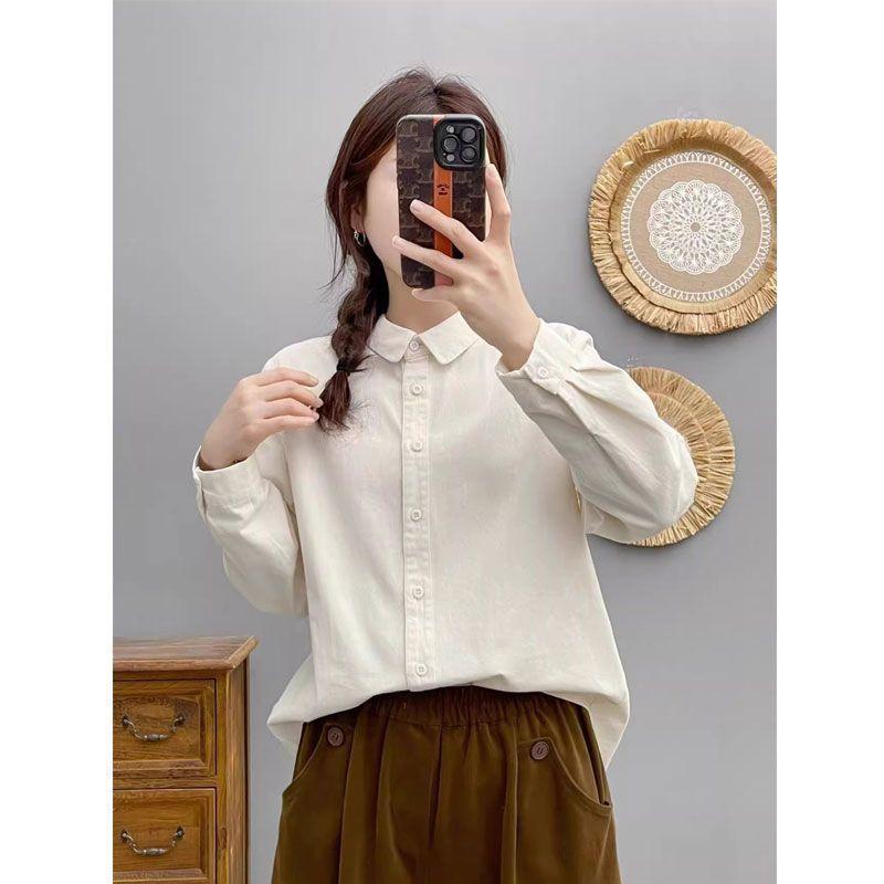 This Autumn and Winter Pure Cotton Solid-color Shirt Is A Classic and Versatile French Layering Shirt for Women with A Doll Collar