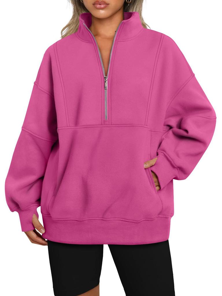 Women's Fleece Hoodie with Pockets, Half Zip, Loose Fit, Contrast Collar, Warm Lined