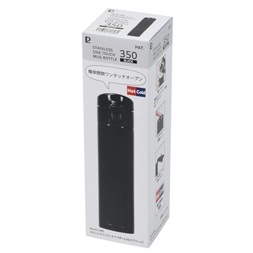 Pearl Metal Water Bottle, 350ml, One-Touch Opening, Insulated, Cold/Hot, Slim Type, Direct Drinking, Stainless Steel, Black, HC-648