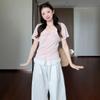 Korean Sweet and Gentle Wind Pink V-neck Short-sleeved T-shirt Women's Summer Fashion Foreign Style Slim-fitting Versatile Top Ins Tide