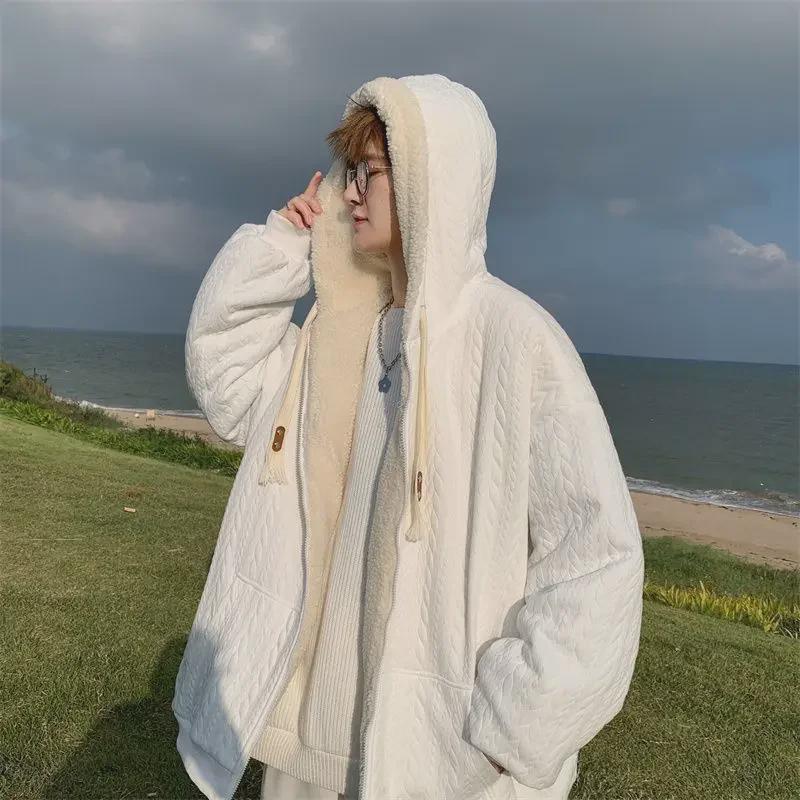 2023 Men's Hong Kong Fashion Lambskin Jacket - Thickened Winter Cardigan with Velvet, Hooded Sweater