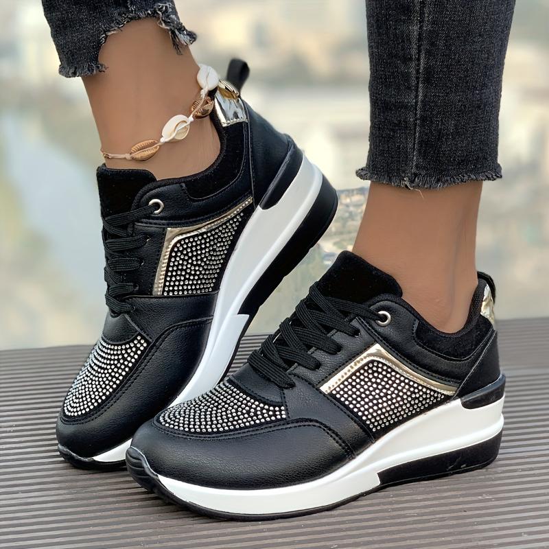 Women Sneakers Luxury Rhinestone Casual Shoes Fashion Platform Wedge Shoes for Women Lace-up Sport Running Shoe Zapatillas Mujer
