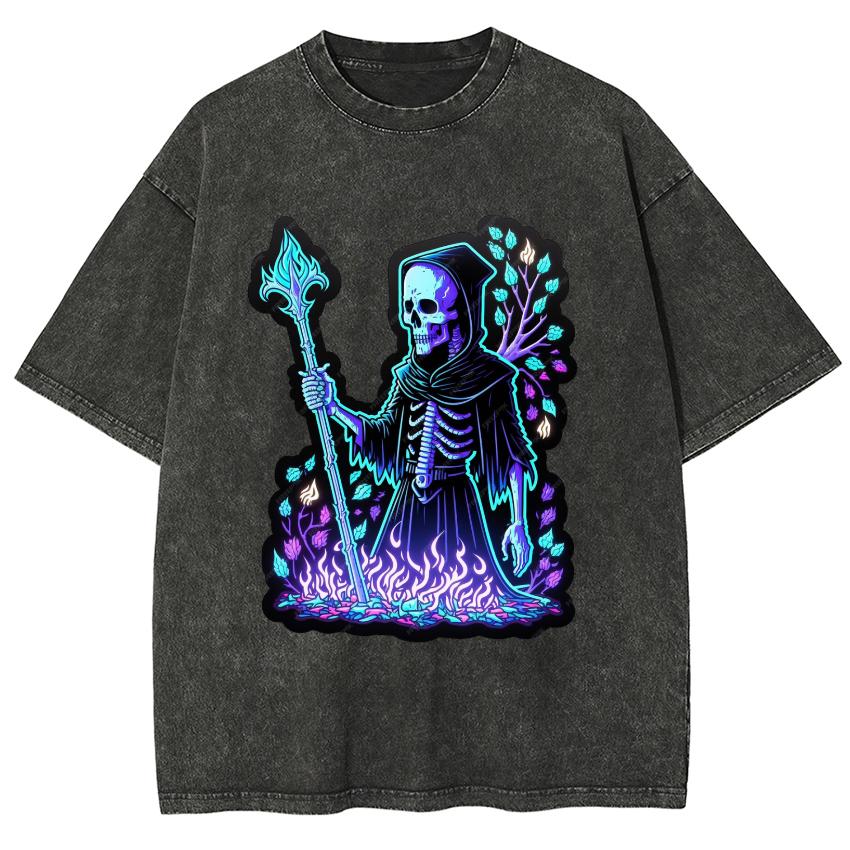 Purple Flame Skull Print Women's T-Shirt Washed Denim Fabric Super College Student Mid Sleeve Funny Retro Distressed Top