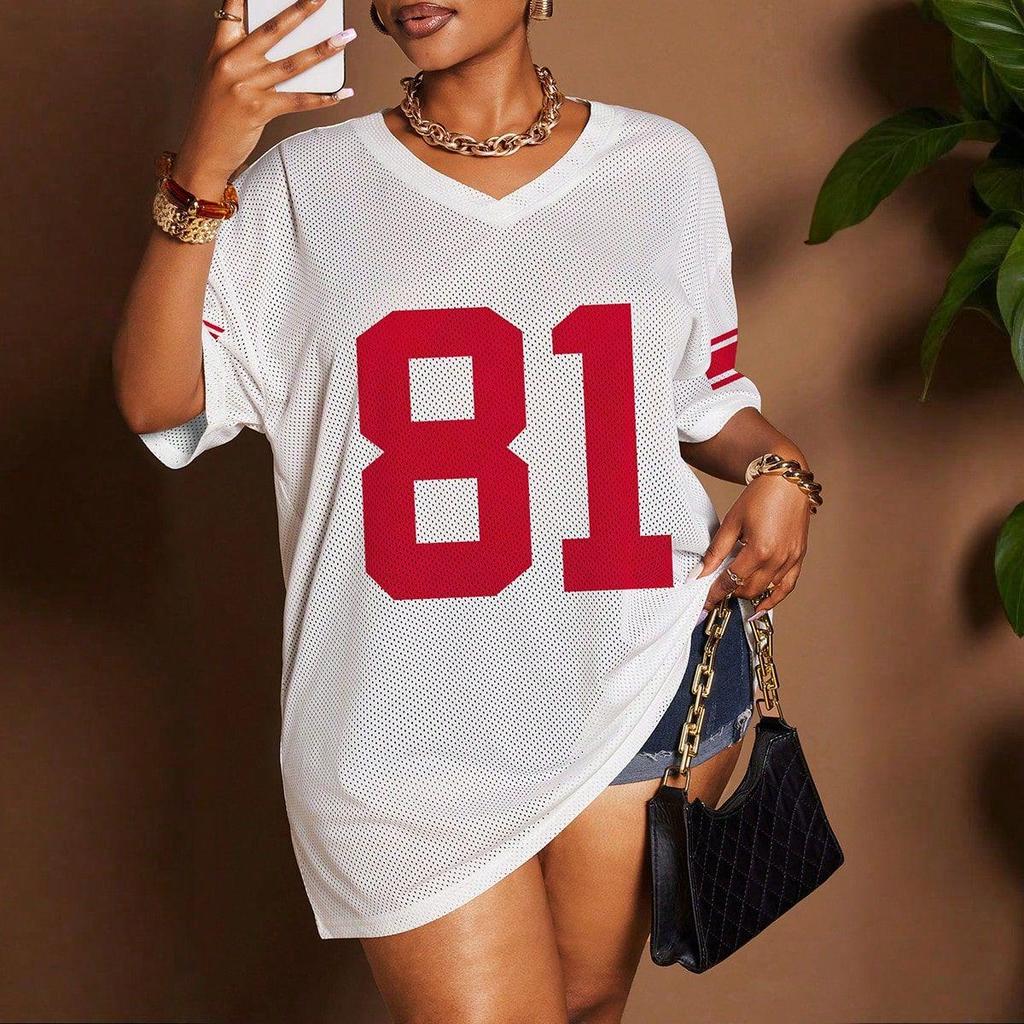 Women's Loose V-Neck Sporty Mesh T-Shirt with Digital Print