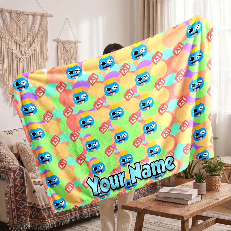 Rainbow Friends Personalized Flannel Blanket, Custom Printed Text Name, Warm Soft Blanket For Couch Bed