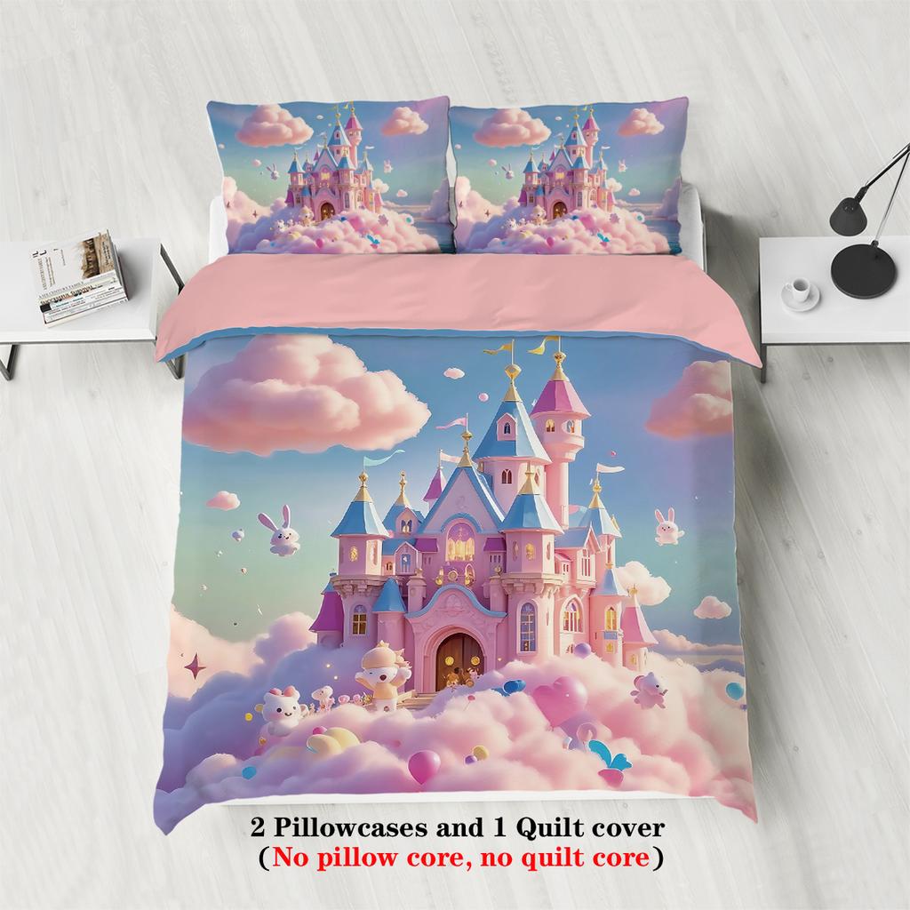 3pcs Pink Castle in The Sky Pattern Print Duvet Cover Set, Soft,comfortable and Breathable,for Bedroom,Hotel,Best Gift for Girls
