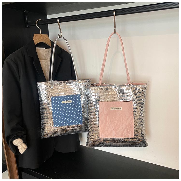 2025 New Korean Version Fashion Tote Bag Casual Sequins Large Capacity Underarm Shoulder Bag Handbag Female Texture Tide