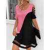 Women's U Neck Short Sleeve Loose Fit Color Block Cut Out Mesh Hem Mini Dress Casual Tunic Dress