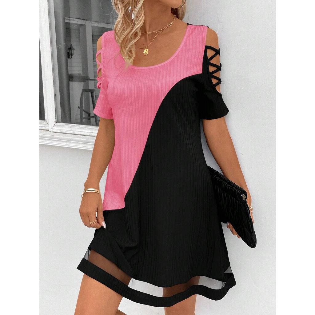 Women's U Neck Short Sleeve Loose Fit Color Block Cut Out Mesh Hem Mini Dress Casual Tunic Dress